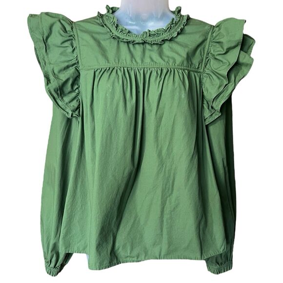 Crown & Ivy Green Ruffle Top Sz L Cottagecore Prairie Victorian 100% Cotton - Picture 8 of 13